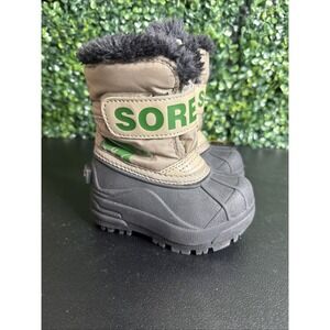 Kids Snow Boots - Tan and Black with Green Accent